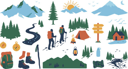 Fototapeta premium Outdoor Hiking Adventure Illustration with Mountains, Forest, Camping, Backpackers and Scenic Nature Landscape