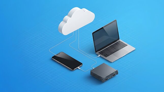 Digital devices connected to a virtual cloud computing data storage system on a bright blue background