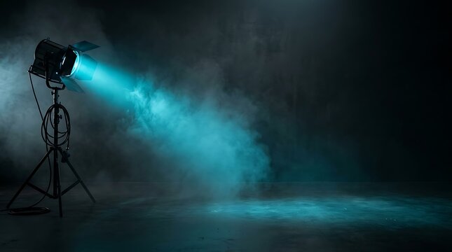 A professional spotlight casting a bright blue beam with dramatic studio lighting effects background