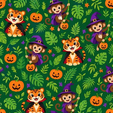 Halloween Cute Seamless Pattern with Tiger and Monkey in Witch Costumes and Jack O Lanterns