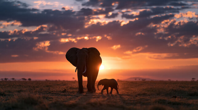 Elephant Mother and Calf Walking at Sunset