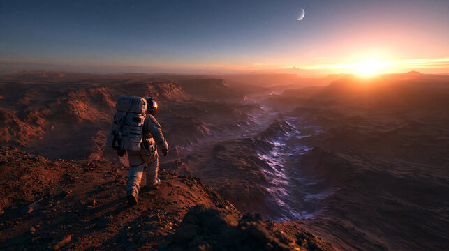 Astronaut Exploring Alien Planet Canyon Landscape at Sunset