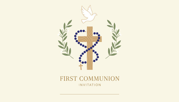 First communion invitation card template with a wooden cross, blue rosary beads, white dove, and olive branches.