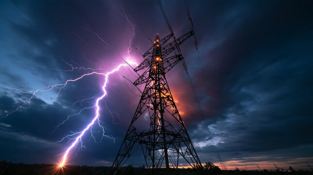 Lightning Striking Near High Voltage Power Tower at Night
