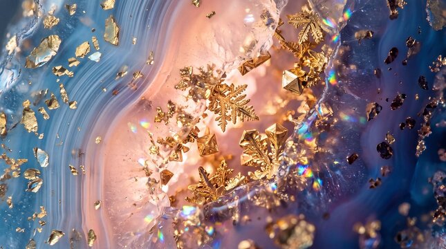 Macro Abstract Agate Texture with Golden Crystals and Snowflakes
