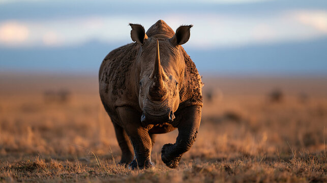 Rhinoceros Running in African Savannah at Sunset