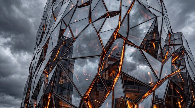 Modern Futuristic Glass Building Facade with Geometric Panels