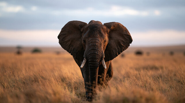 African Elephant Walking in Savanna at Sunset