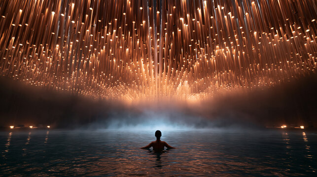 Person Relaxing in Luxury Spa Pool Under Light Installation