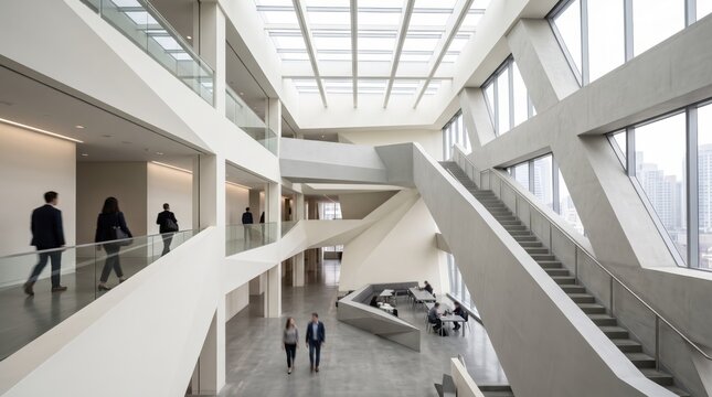 Interior view of a spacious modern corporate office building featuring a large concrete atrium, geometric staircases, glass railings, and a skylight roof, with business people