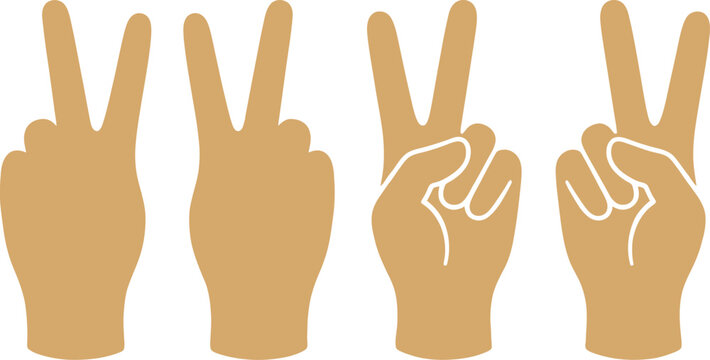 A set of four golden human hand shapes demonstrates the victory gesture with fingers raised high to symbolize peace and triumph for communication across global cultures within various design