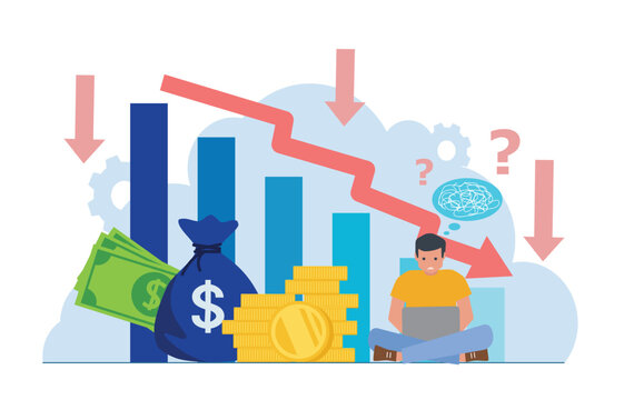 man analyzing decline in financial, loss or profit reduction, investment forecast of economic recession, negative return, price drop or financial downturn concept