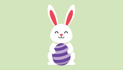 Fototapeta premium Adorable white cartoon bunny sitting and holding a colorful striped purple Easter egg on a green background.