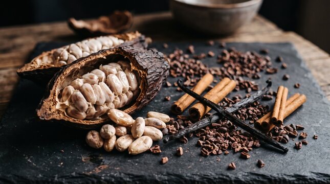 Fresh cocoa pods with beans and spices on a dark rustic stone background.
