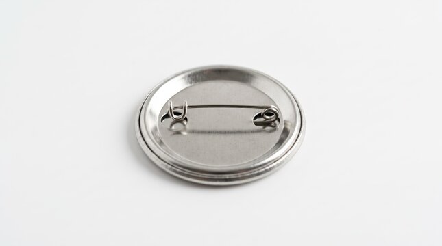 macro shot of the back side of a round metal pin button badge showing the safety pin mechanism and clasp, isolated on clean white, blank template for design