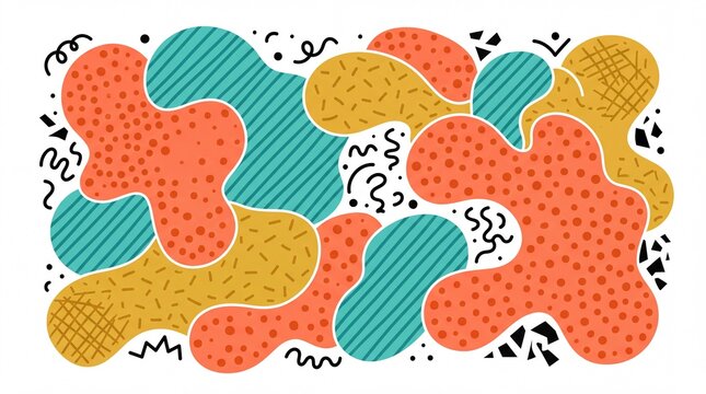 Colorful Abstract Memphis Pattern with Organic Blob Shapes and Hand-Drawn Doodles