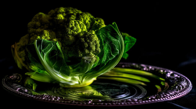 Fresh head of cauliflower on a silver platter with green cauliflower