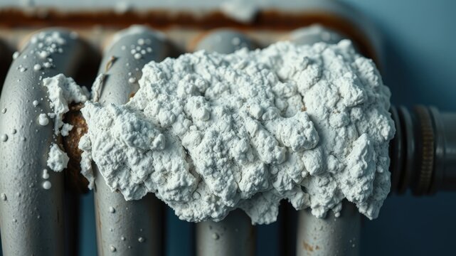 Close-up view of a white mineral deposit on a metal radiator, revealing the corrosive effects of hard water