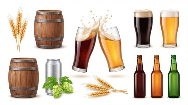 Beer collection with glasses, wooden barrels, bottles, and hops on white background