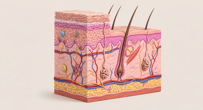 Anatomical 3D cross section of human skin layers showing epidermis dermis subcutaneous fat hair follicle and blood vessels