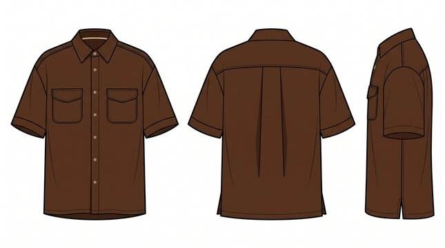 Brown Short Sleeve Button Down Shirt Technical Drawing Front Back Side Views