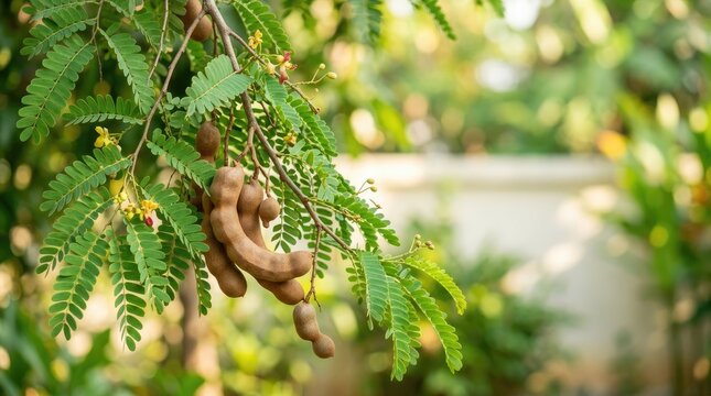 A branch of a tamarind tree displays its ripe, brown fruits against a blurred green background. The leaves are vibrant green and glossy.