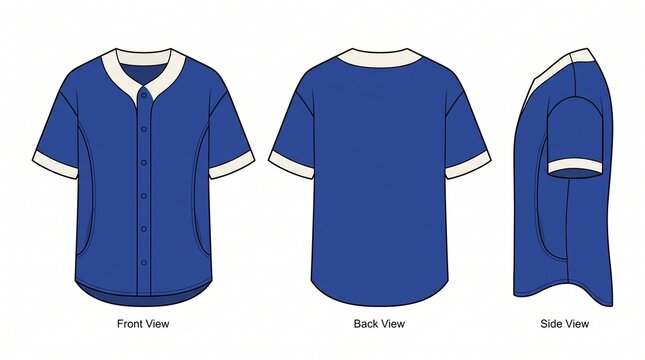 Blue Baseball Jersey Technical Flat Sketch Template with Front Back and Side Views