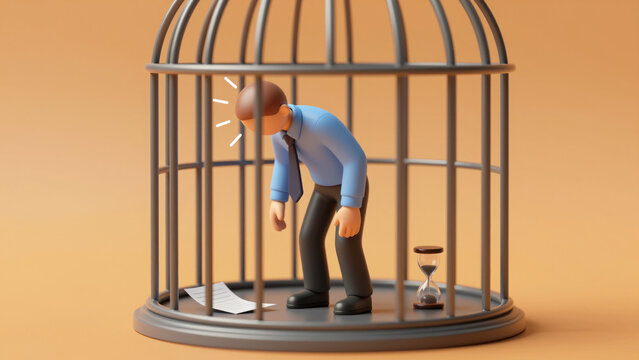 A sad office worker in a cage. Poor workplace conditions and emotional burnout. Corporate pressure leads to depression while lack of freedom and toxic environment affect employee wellbeing.