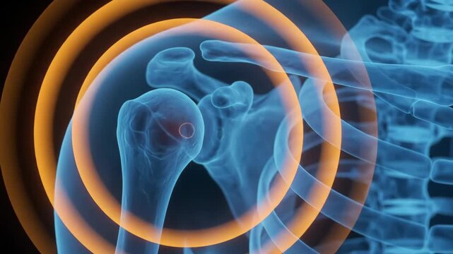 Human shoulder joint x-ray with pain highlighted, representing injury, arthritis, or inflammation in the skeletal system.
