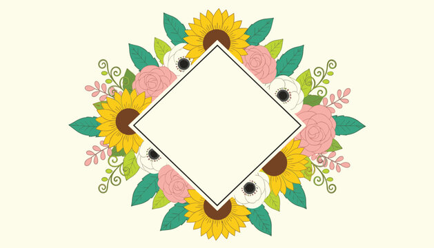 Elegant diamond shaped blank text frame bordered by a lush arrangement of yellow sunflowers, pink roses, and green leaves.