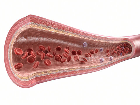 Longitudinal cutaway of arterial vessel showing endothelial dysfunction glycocalyx degradation and leukocyte adhesion