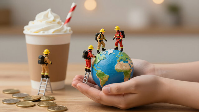 Miniature Firefighter Rescue Team on Giant Coffee Cup - Whipped Cream, Ladders, and Gold Coins for Earth Day Campaigns and Hands Cupping Mini Earth Ball Concept