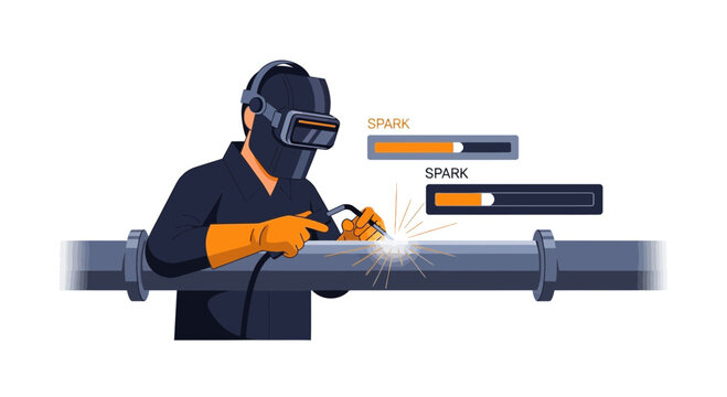 Industrial Welder in Protective Gear Working on Pipeline with Digital HUD Spark Progress Bars Illustration