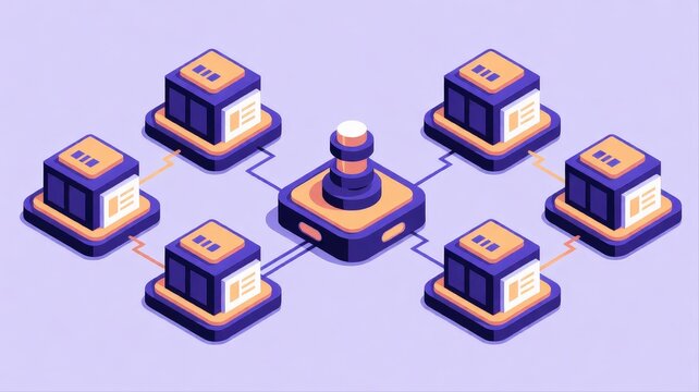 Modern isometric data server cluster with centralized control hub illustration