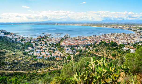 Panoramic view of the town of Roses and the Gulf of Roses in the province of Girona, Spain