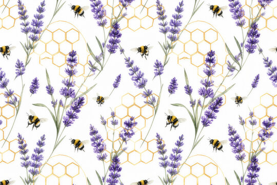 Watercolor lavender flowers and bumblebees seamless pattern with honeycomb shapes