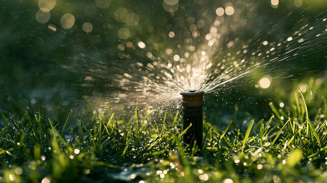 Elegant photo of A lawn sprinkler spraying water over lush green grass in soft backlit sunlight. Perfect for landscaping and garden maintenance themes.