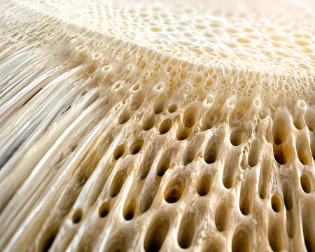Microscopic 3D cutaway view of porous bone trabeculae architecture and cellular canaliculi matrix structure
