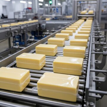Cheese blocks wrapped in plastic film on conveyor belt, dairy factory production line, industrial manufacturing.