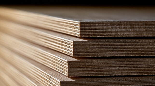Elegant photo of Stack of new plywood sheets showing detailed layered wood texture in low light. Industrial material concept for construction and carpentry projects.
