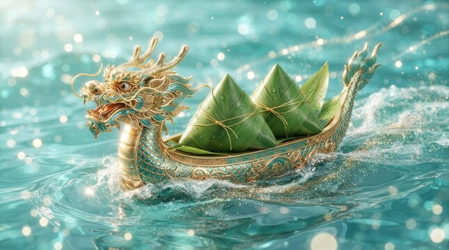 Traditional Dragon Boat Festival scene with dragon head boat and zongzi.