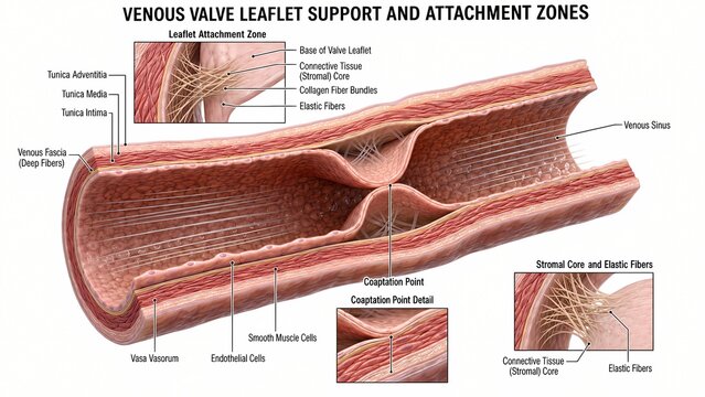 Detailed medical diagram of venous valve leaflet support attachment zones collagen fibers and vessel wall layers