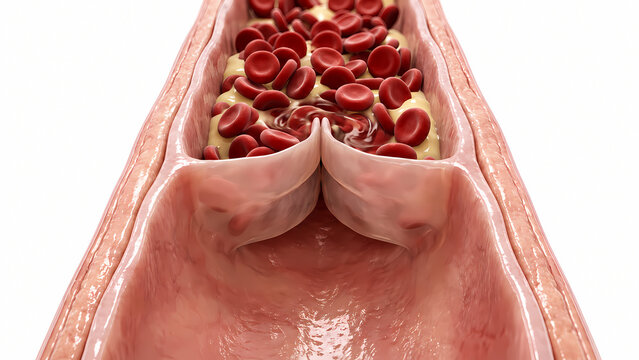 Interior 3D diagram of vein blood vessel showing bicuspid venous valve holding red blood cells and plasma