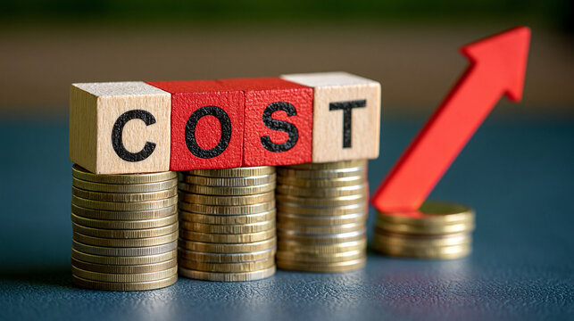 Elegant photo of Wooden blocks spelling Cost on top of stacked coins with a red rising arrow. Conceptual image for rising prices and financial economic inflation.