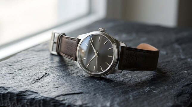 Minimalist silver wristwatch featuring a grey dial and brown leather strap on a textured dark slate surface