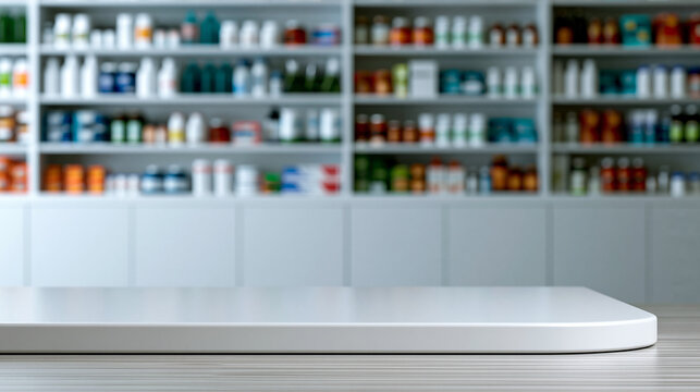 Elegant photo of Empty white pharmacy counter with blurred shelves of medicine in the background. Ideal for product placement or healthcare marketing design.