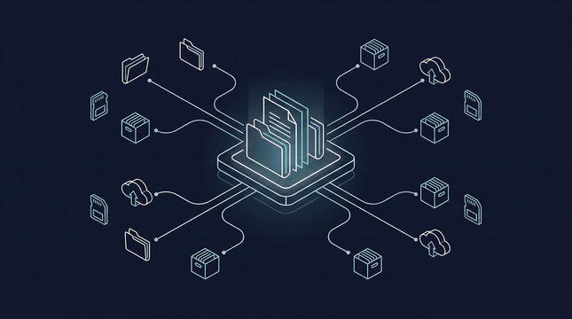 Isometric data management system, digital file organization concept, cloud storage network with folders and icons on dark blue background