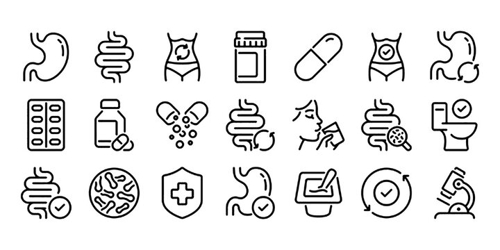 Set of Editable Stroke Outline Icons Related to Digestion, Intestine, Stomach and Probiotics, Isolated on White Background, Flat Vector Illustration