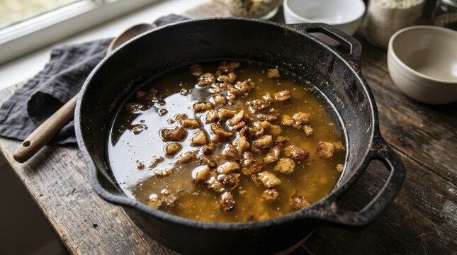 Beef tallow cooking in cast iron pot with browned crackling on rustic table near window light for traditional homemade kitchen mood