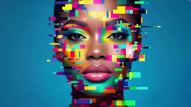 Portrait of African American woman with colorful glitch effect. Digital art concept of identity and technology. Lockdown shot.
